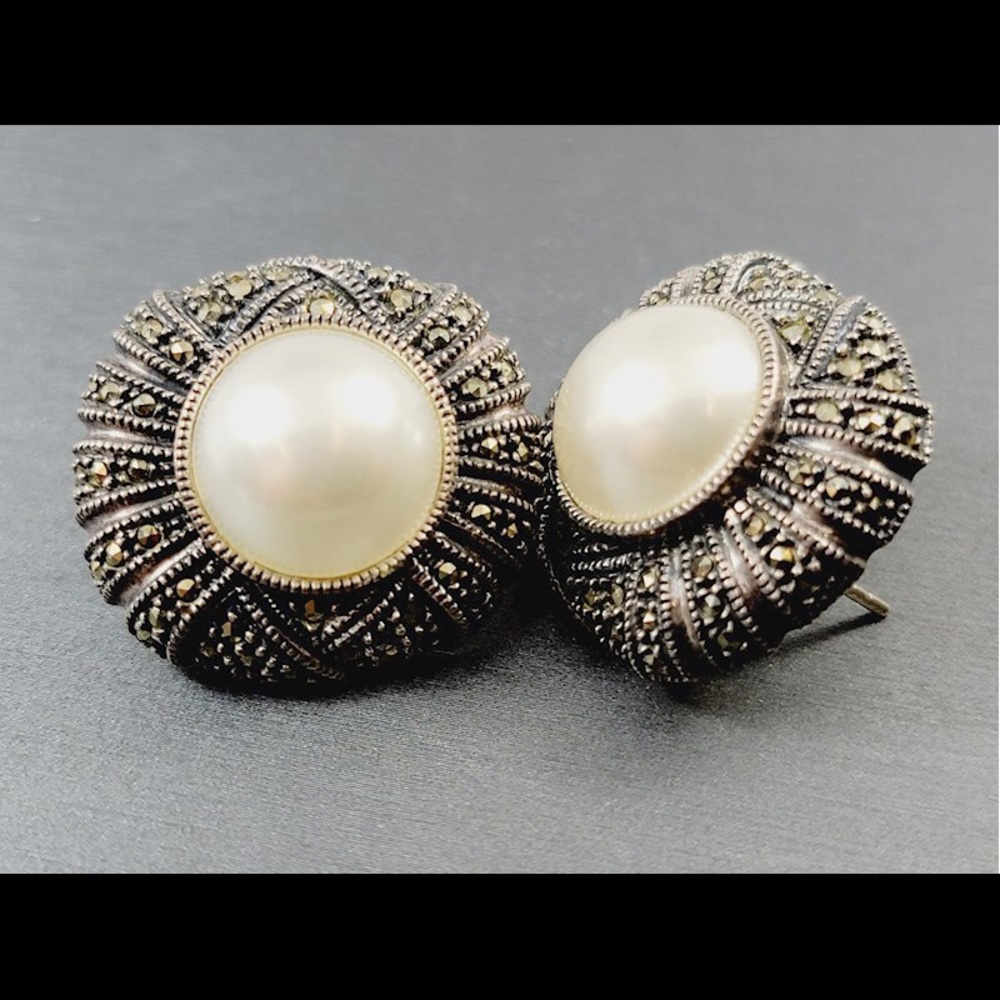 Vintage Judith Jack Sterling Silver Faux Pearl/Marcasite Earrings